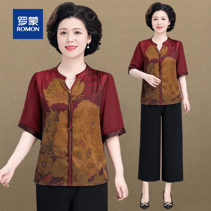 罗蒙妈妈夏装雪纺衬衫2025新款中老年人奶奶装气质高贵小衫套装女