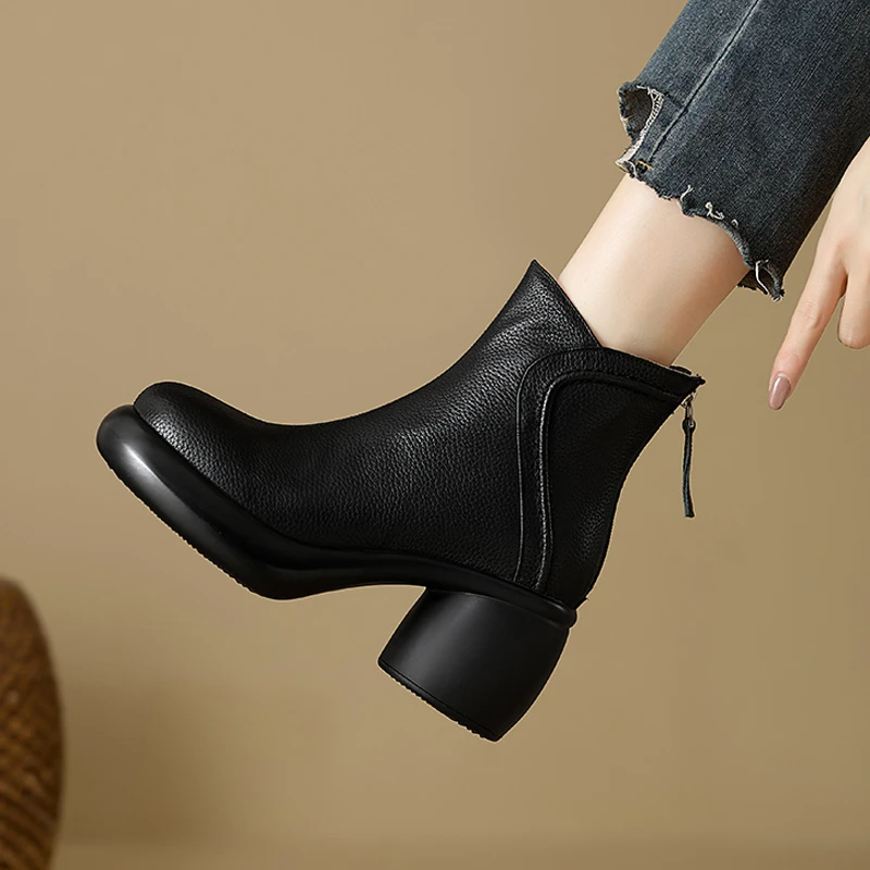 7cm圆头高跟短靴秋冬新款后拉链真皮牛皮复古靴子粗跟百搭女踝靴
