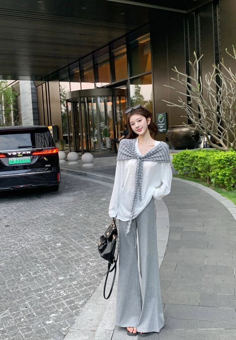 2025夏季新款时尚套装气质显瘦洋气休闲百搭条纹披肩薄款长袖长裤