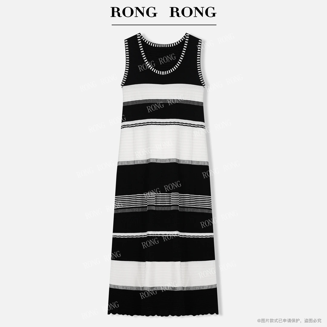 溶溶【十四行诗】RONGRONG 亚麻混纺不规则黑白撞色连衣裙2537RR
