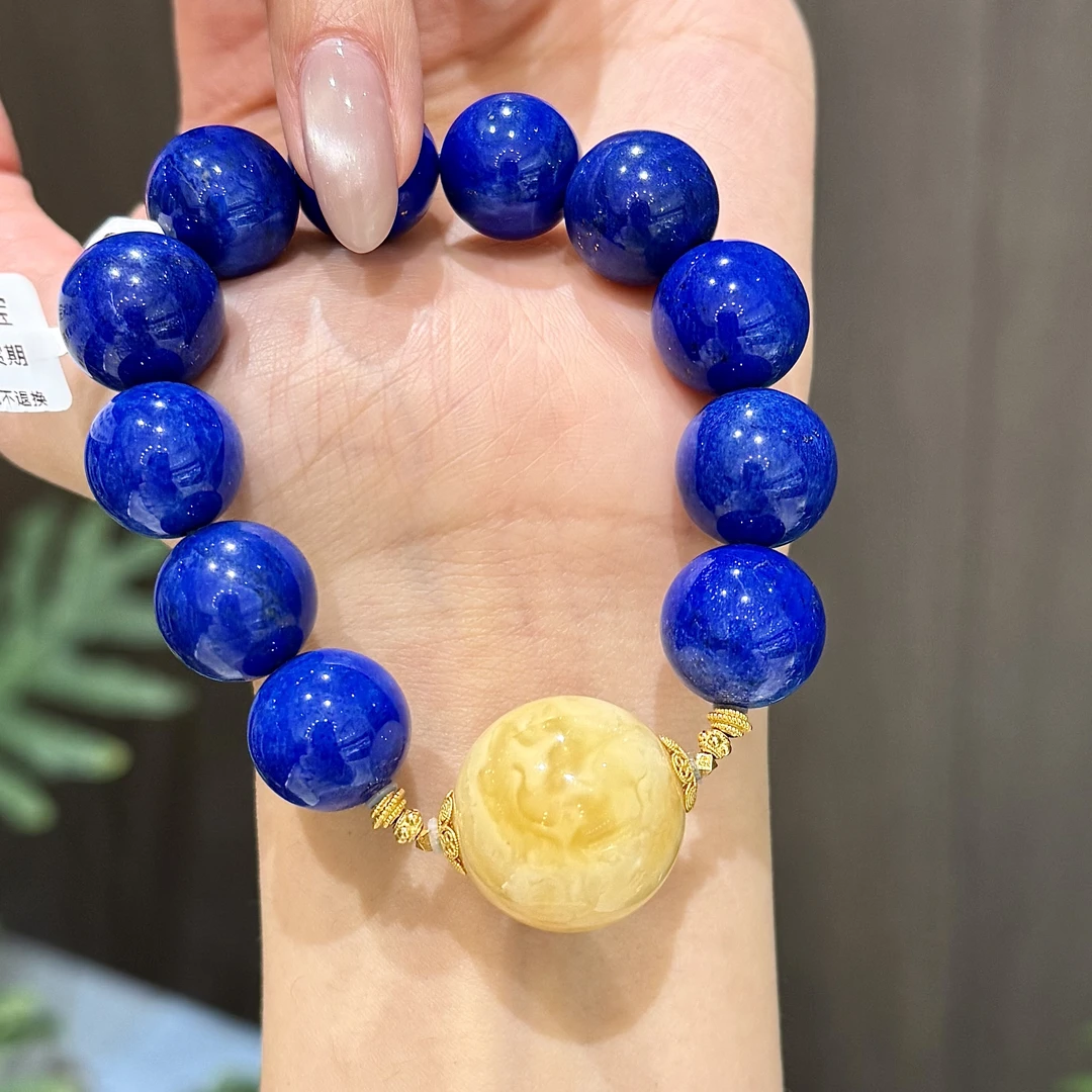 【裕凰珠宝】青金石手串15mm+设计款少洒金少露白高品青金石配蜜蜡