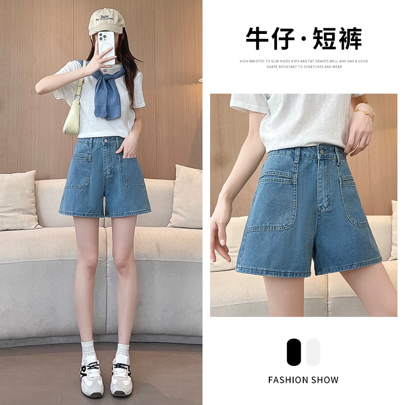 2517#浅色无弹力韩版牛仔女短裤夏季辣妹风蓝色高腰宽松直筒短裤
