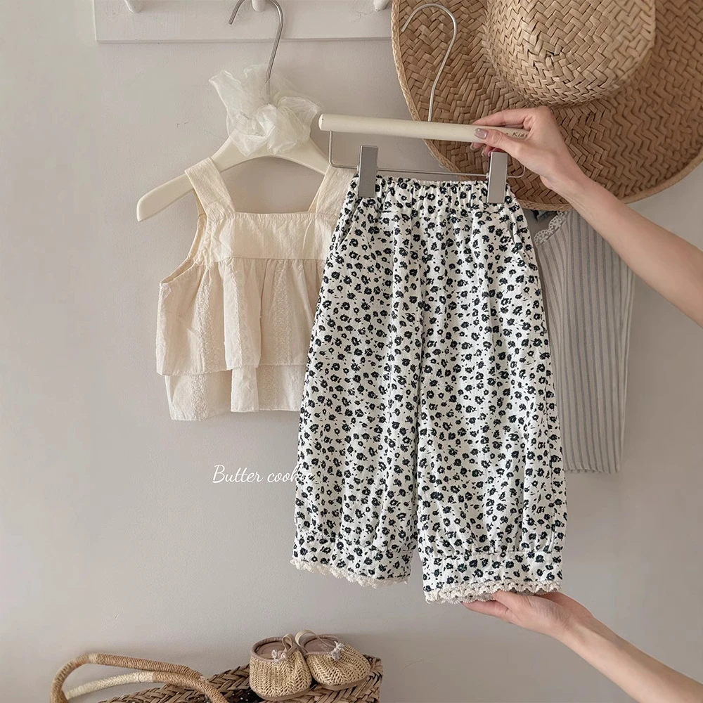 女童碎花脚口花边阔腿裤2025夏季新款女宝宝童装夏款休闲防蚊裤子