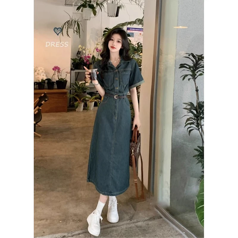 港风复古短袖牛仔连衣裙女夏季2025新款时尚洋气高腰显瘦A字长裙