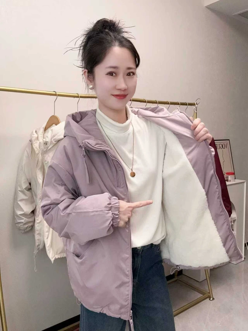 加绒加厚2025冬季新款加厚冲锋衣百搭夹克连帽宽松棉外套上衣女