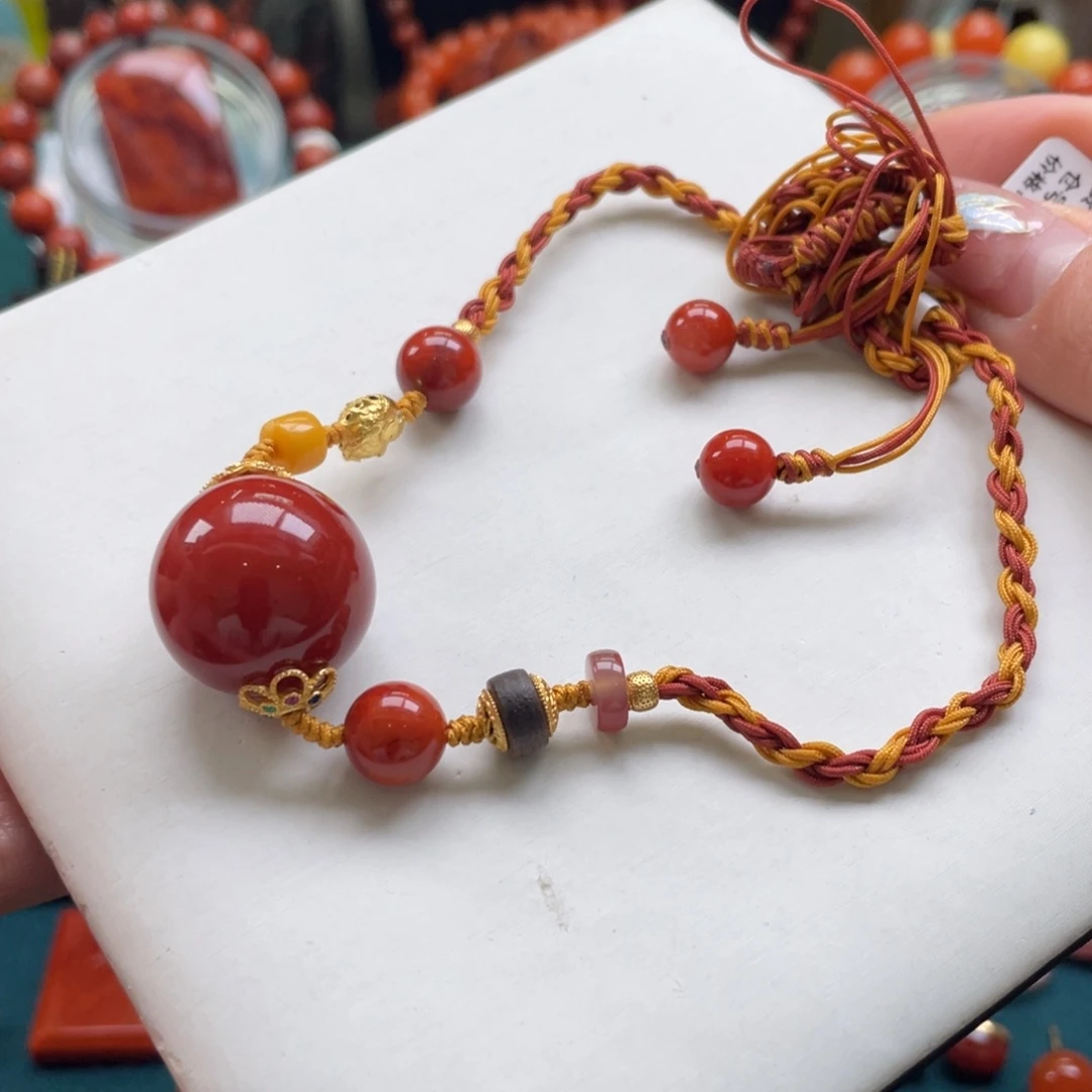 南红玛瑙银S925镶嵌川料南红牛血红单珠项链19+mm