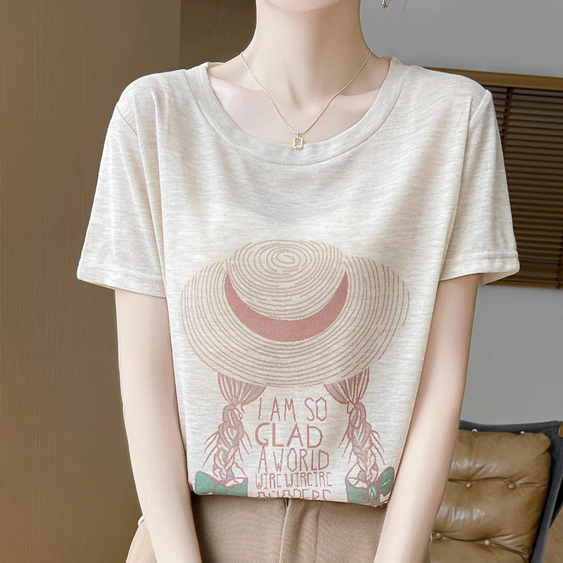 圆领莱赛尔天丝夏季新款宽松洋气印花草帽女孩短袖针织衫上衣薄款