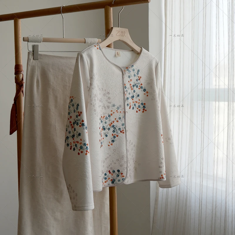 5305《林深见鹿》原创设计感唐装圆领开衫提花上衣复古加绒外套