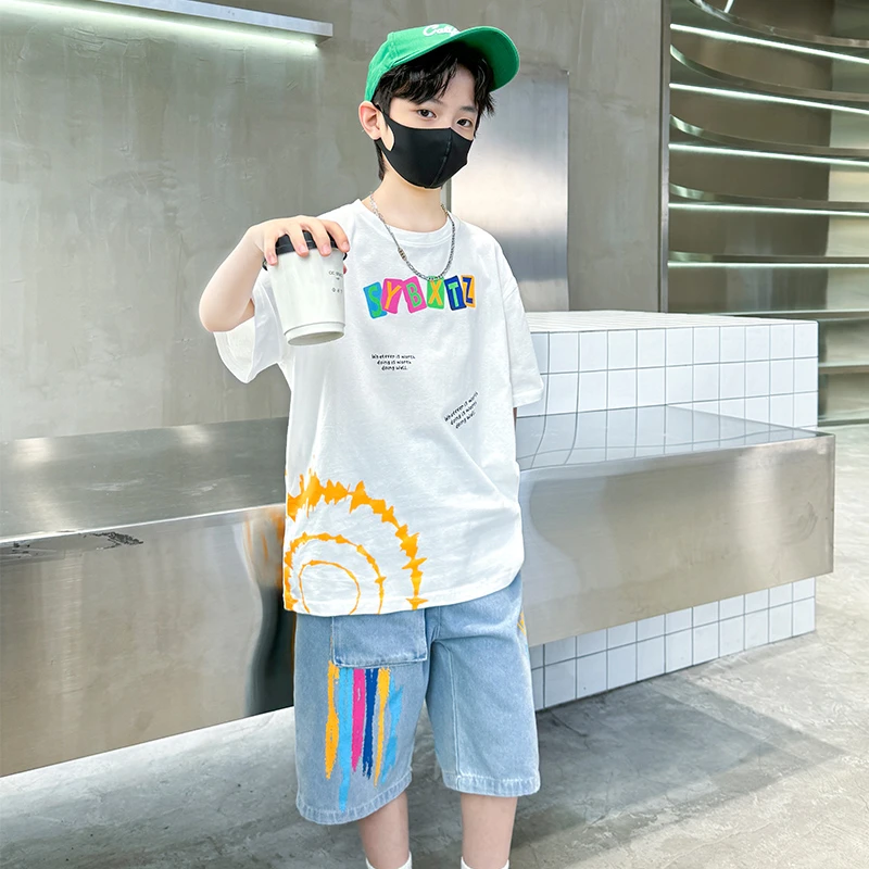 儿童装男童套装2025夏季短袖两件套中大童男孩薄款彩色印花洋气潮