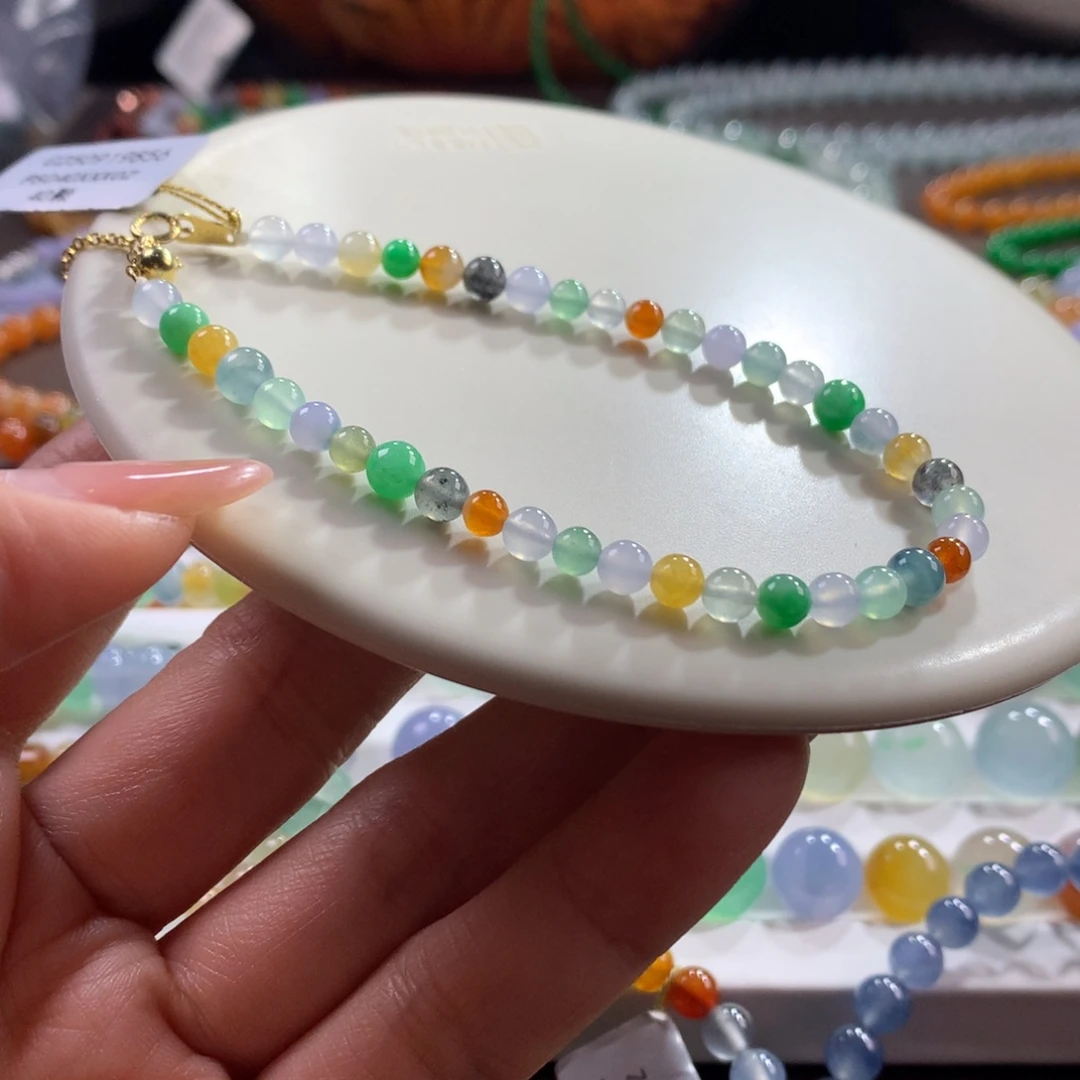 翡翠未镶嵌手链冰透浓色多宝卡4-5