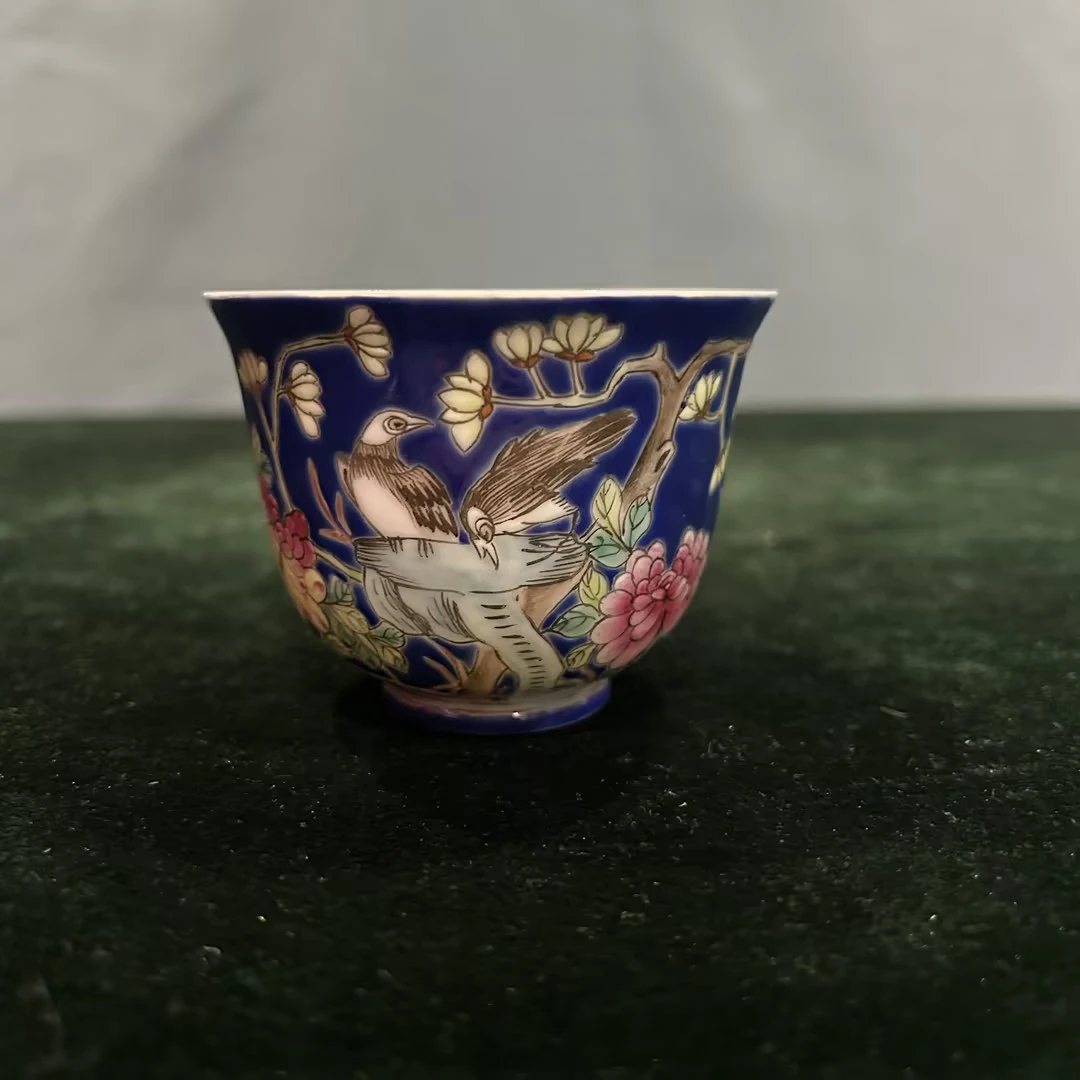 粉彩蓝地花鸟纹赏杯单只FC-021513