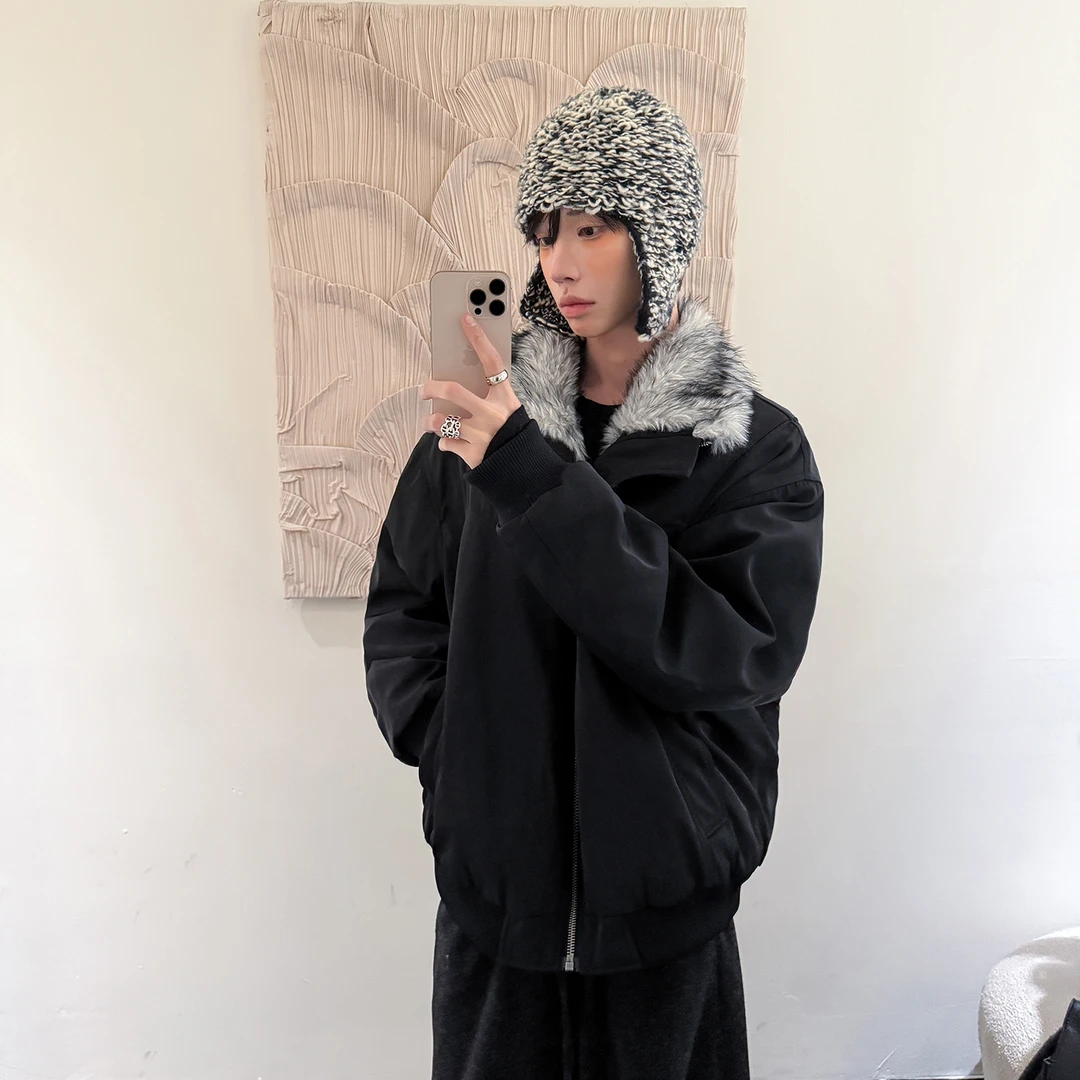 高林凡 毛领设计感加绒加厚男宽松可立领百搭夹克夹棉棉服外套