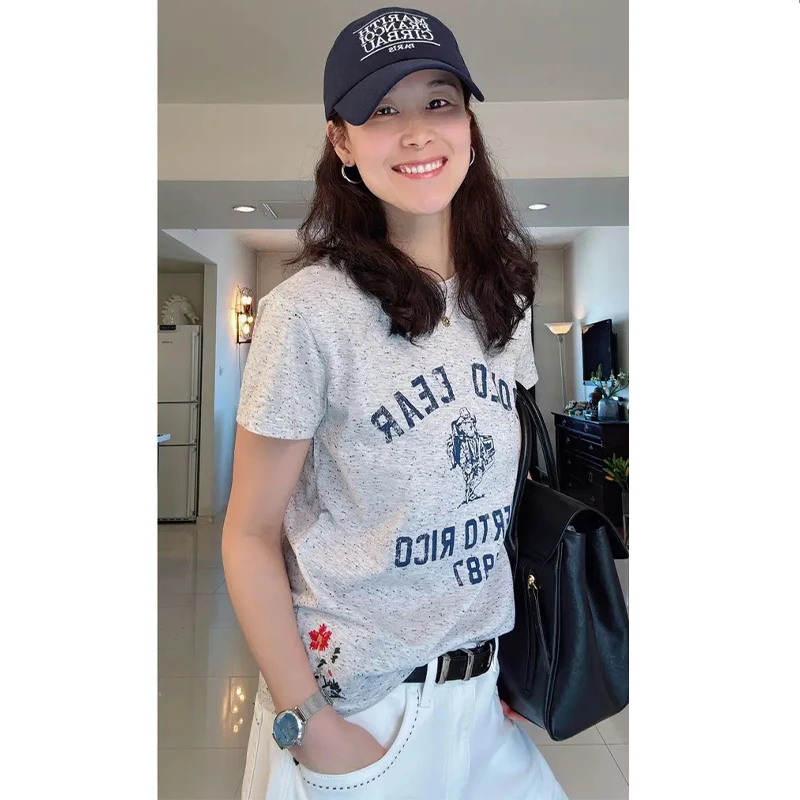 高含棉美式复古字母印花短袖t恤女2025夏季新款休闲百搭刺绣上衣