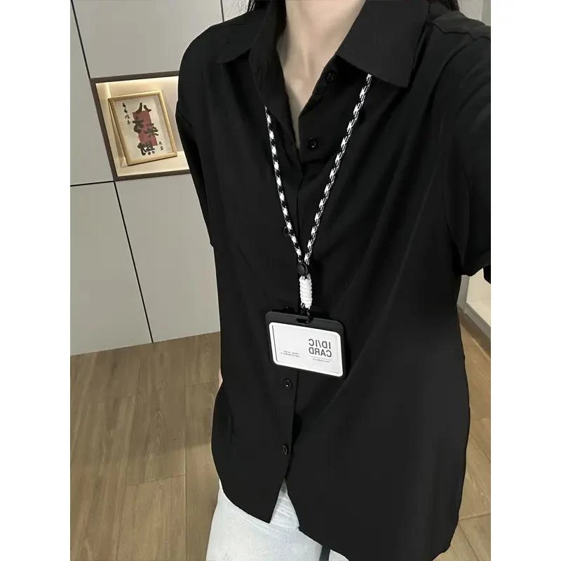黑色冰丝短袖衬衫男女夏季薄款痞帅dk衬衣宽松休闲半袖男士外套