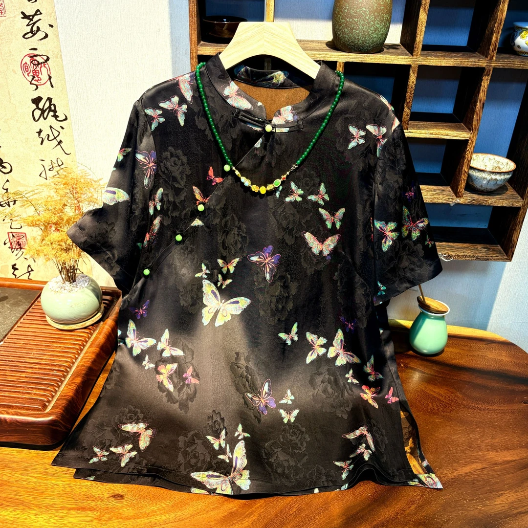 YUEZHE玫瑰提花蝴蝶中式短袖薄款上衣2025夏季复古民族风半袖百搭
