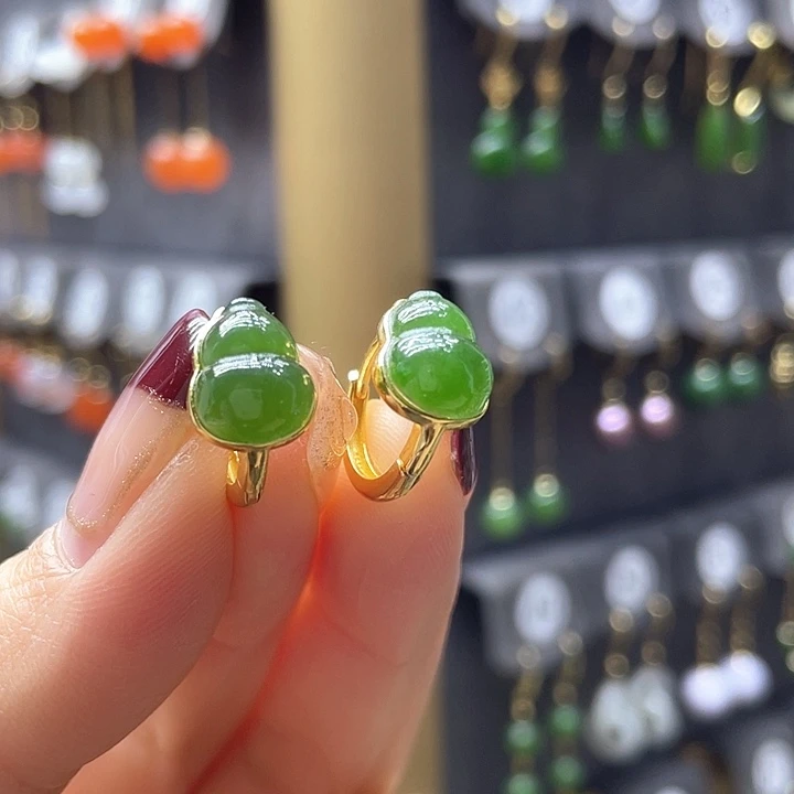 和田玉耳饰银S925镀金镶嵌