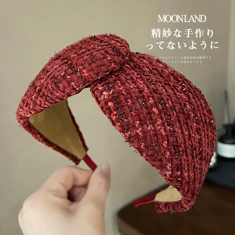 韩系秋冬新款毛呢亮丝安可拉红宽边发箍高颅顶显脸小头箍发卡头饰