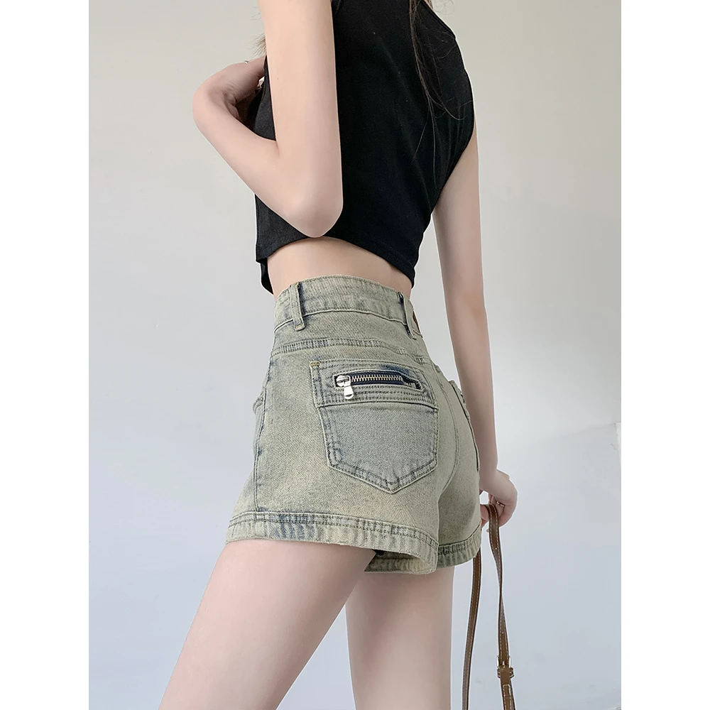 美式辣妹牛仔短裤女夏季2025新款高腰弹力显瘦直筒a字超短热裤子