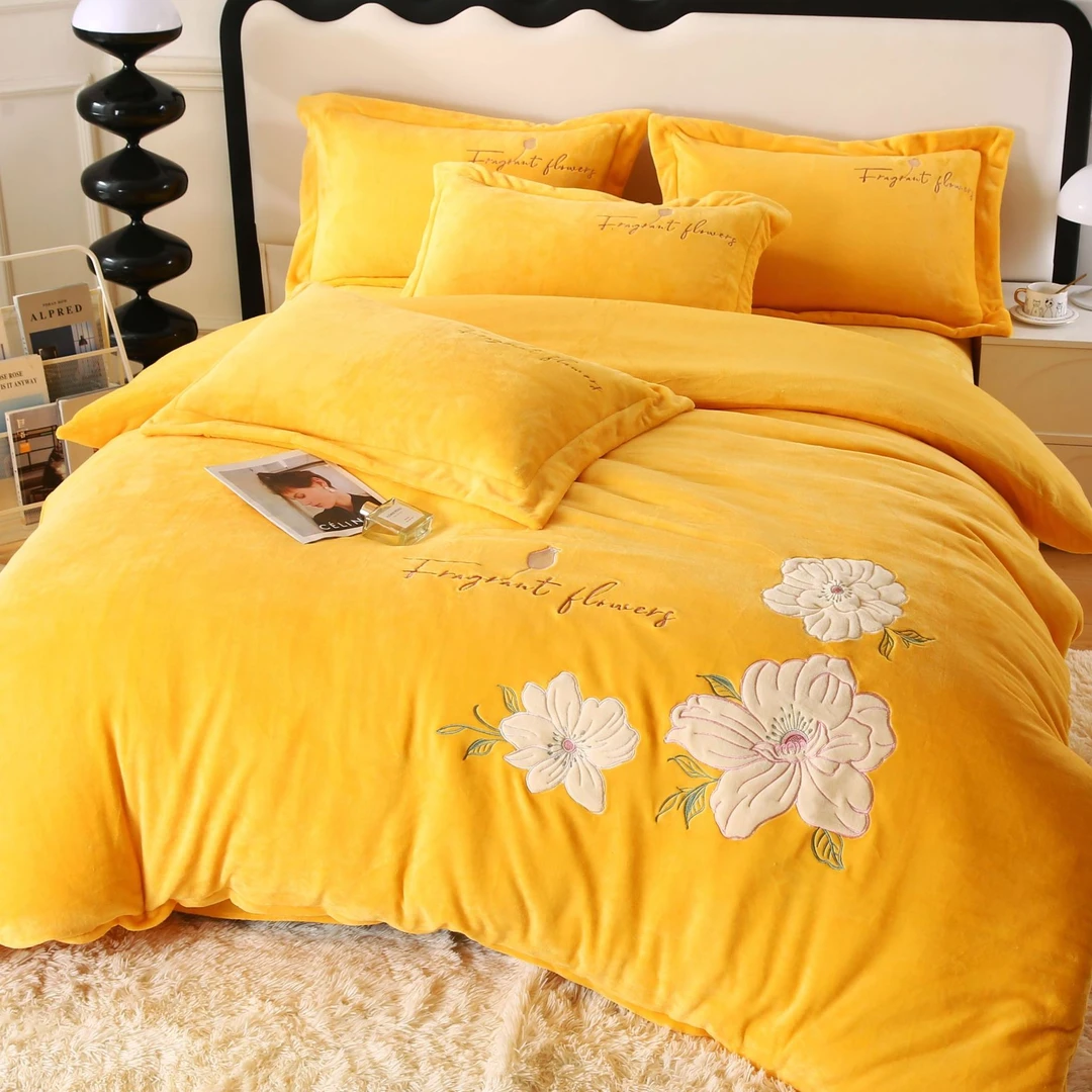 【花韵黄】加厚绒被套贴布绣花四件套婴肤绒被套牛奶绒被罩床单4