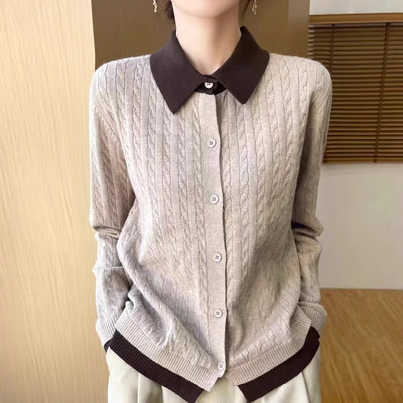 6029精纺翻领针织衫女装毛针织衫女开衫拼色长袖时尚百搭