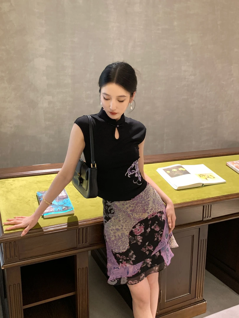 序安CHEN新中式国风【紫玉笙半裙】复古花卉半身裙夏季垂感雪纺短裙