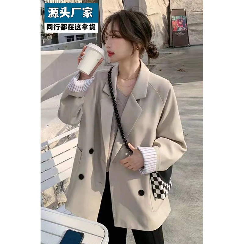 梵乐芬春秋新款休闲西装韩版中长款大码双排扣休闲西服外套女无垫