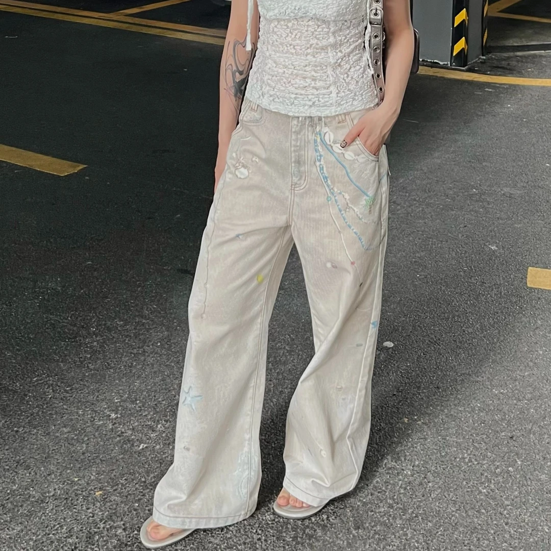 HELLOTANGO《潮汐引力》设计感3D印花做旧复古休闲牛仔裤F185#