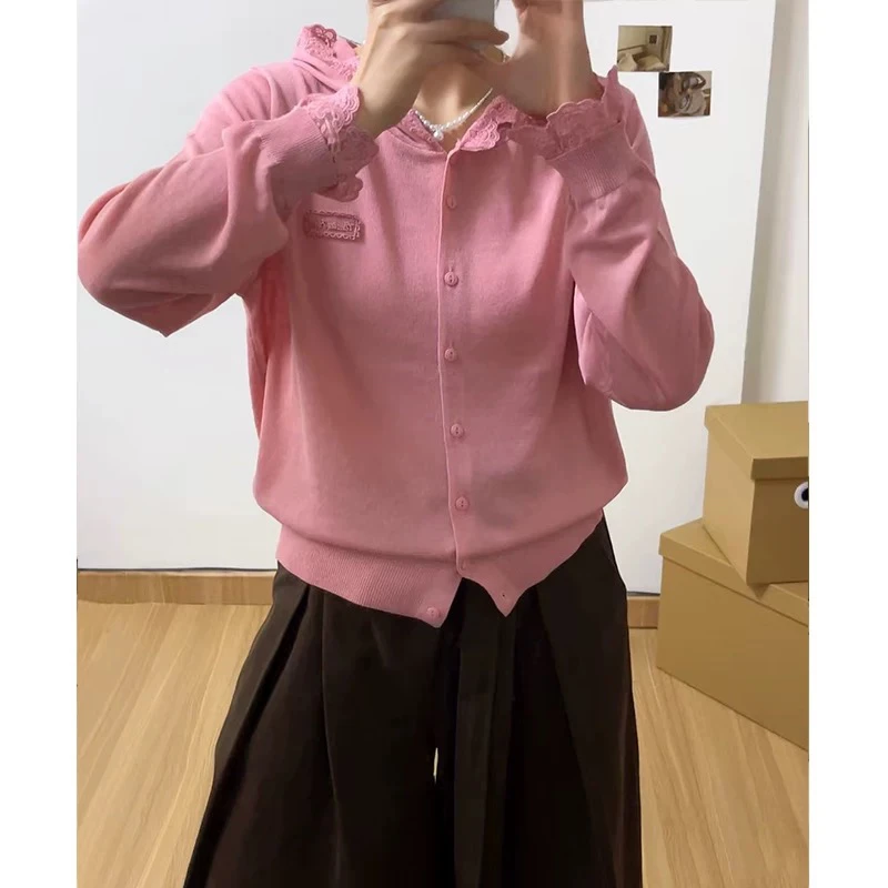 2025早春新款气质蕾丝连帽针织系扣开衫女甜美温柔刺绣蝴蝶结上衣