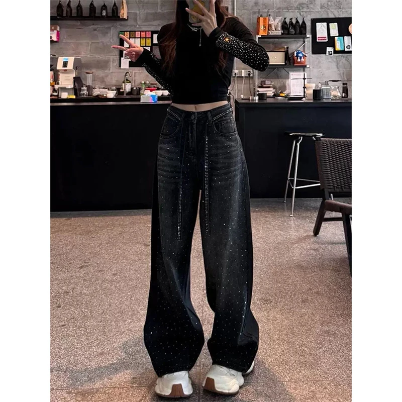 大码系带烫钻牛仔裤女2025新款大码胖妹妹洋气显瘦直筒阔腿长裤子