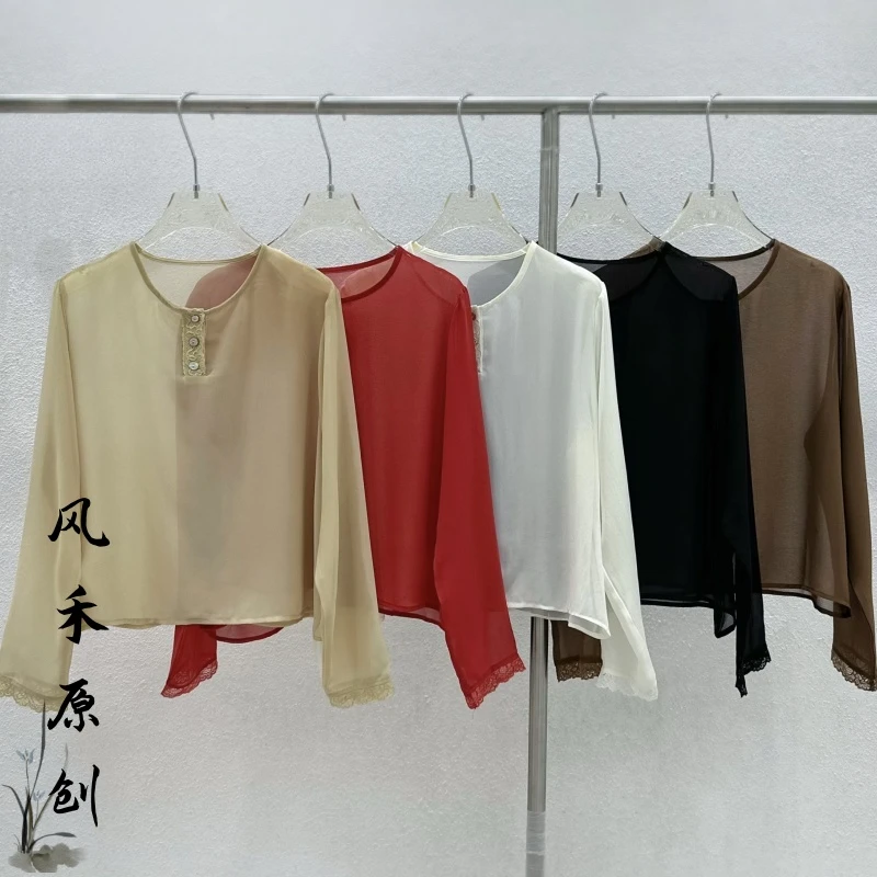 风禾原创【026】夏季新款时尚休闲圆领纽扣纯色长袖乔其纱防晒小衫