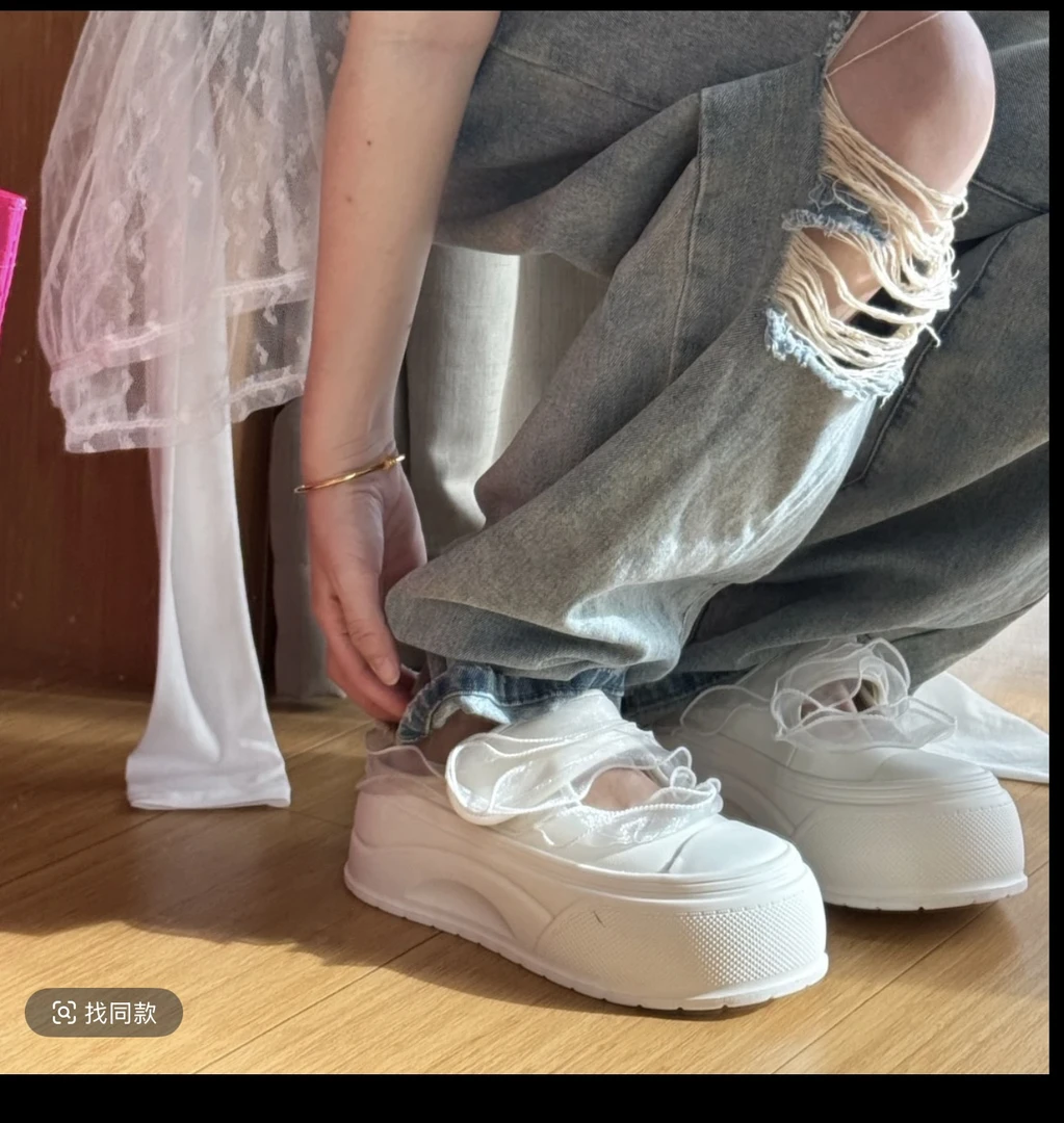 欧洲站真皮仙气花边荷叶网纱圆头魔术贴厚底包头女半拖鞋