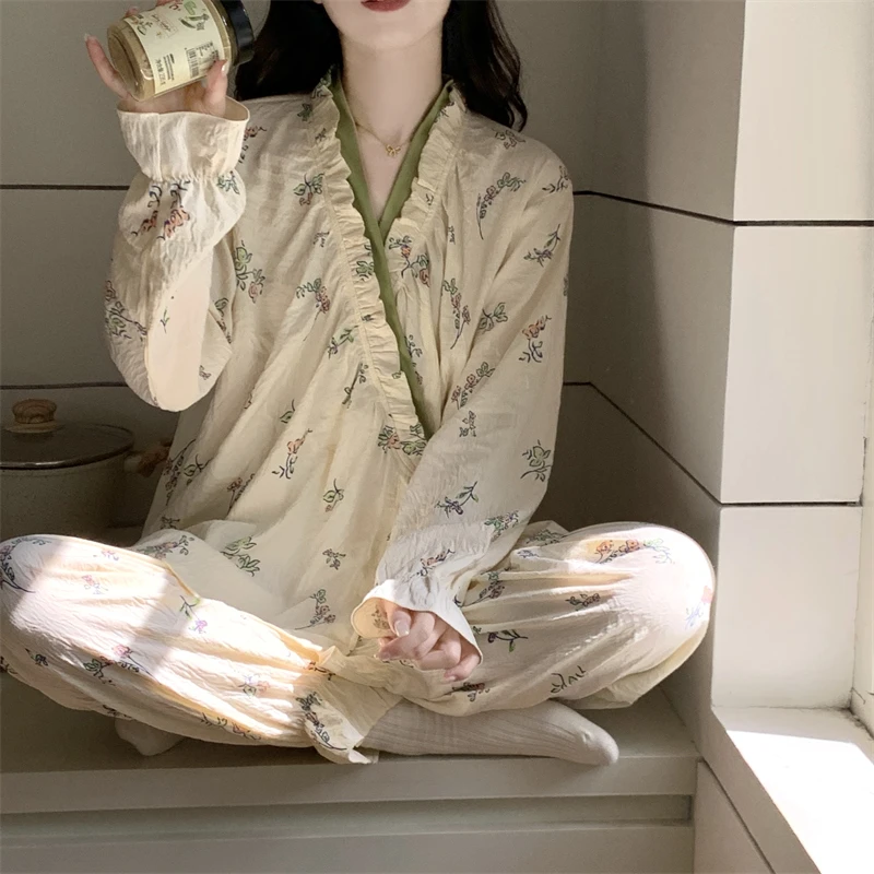 芯语婷春秋季新款碎花雅韵女士云朵泡泡纱睡衣长袖家居服可外穿