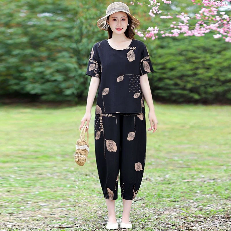 高档妈妈装洋气冰丝套装女夏季短袖网红宽松两件套中老年妈妈夏装