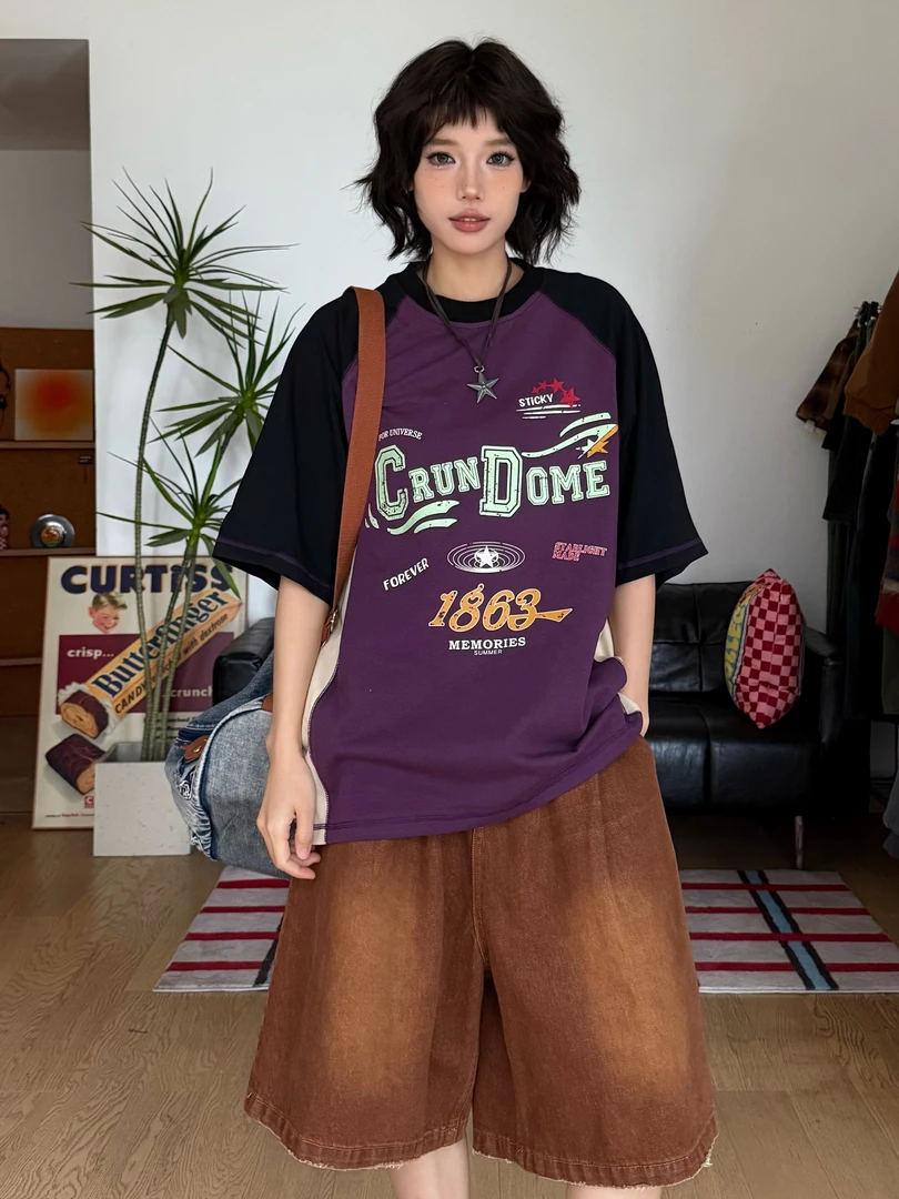 壹三三 复古插肩袖小众拼色美式圆领宽松休闲运动短袖夏情侣潮