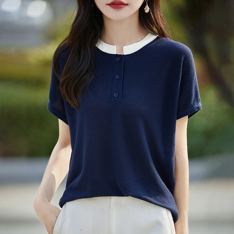 新夏季新款圆领拼色桂花针小飞袖针织短袖T恤女宽松休闲NS3192