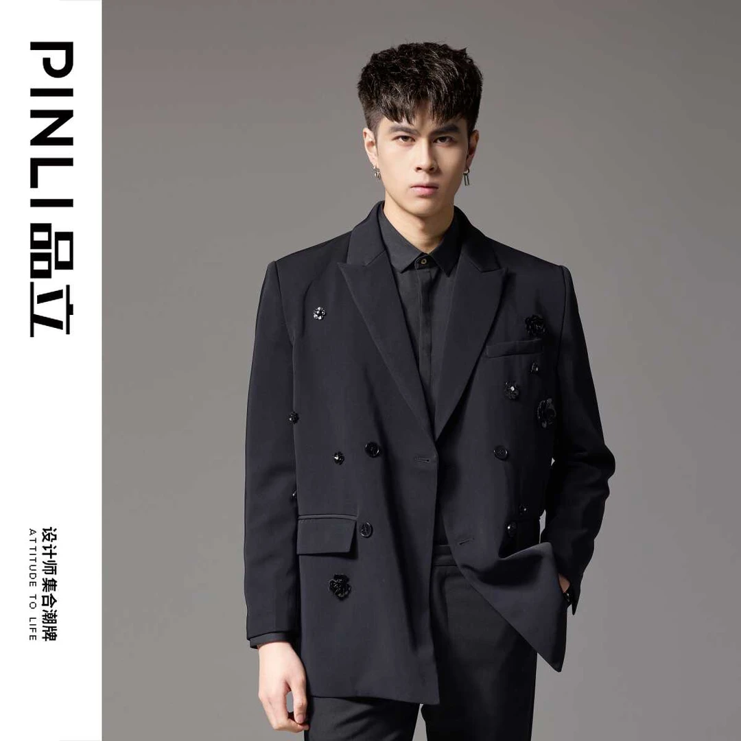【PINLI品立】春季新中式钉珠花休闲西服男结婚西装外套B243106034