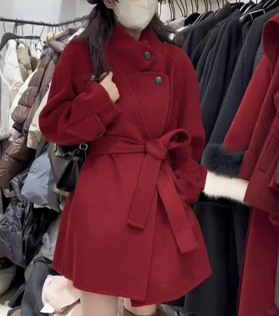 24双面羊毛大衣中长款小个子腰带立领加厚新年羊毛绒外套秋冬