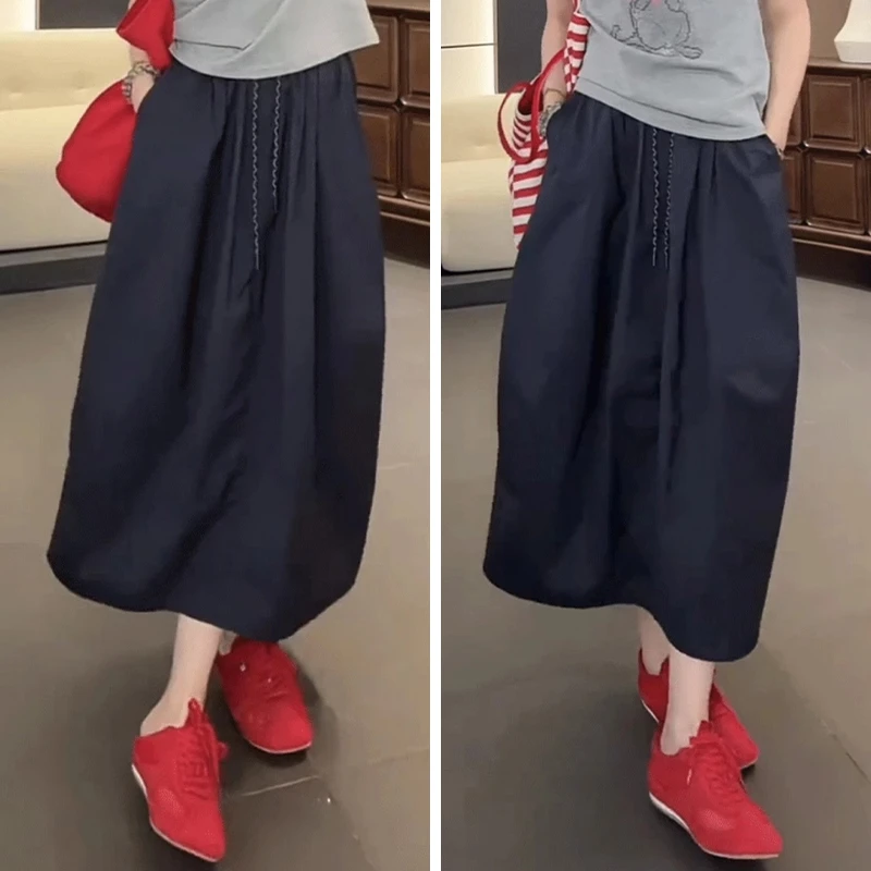 夏薄新款半身裙女休闲风山系工装裙长款a字伞裙日系小个子南瓜裙