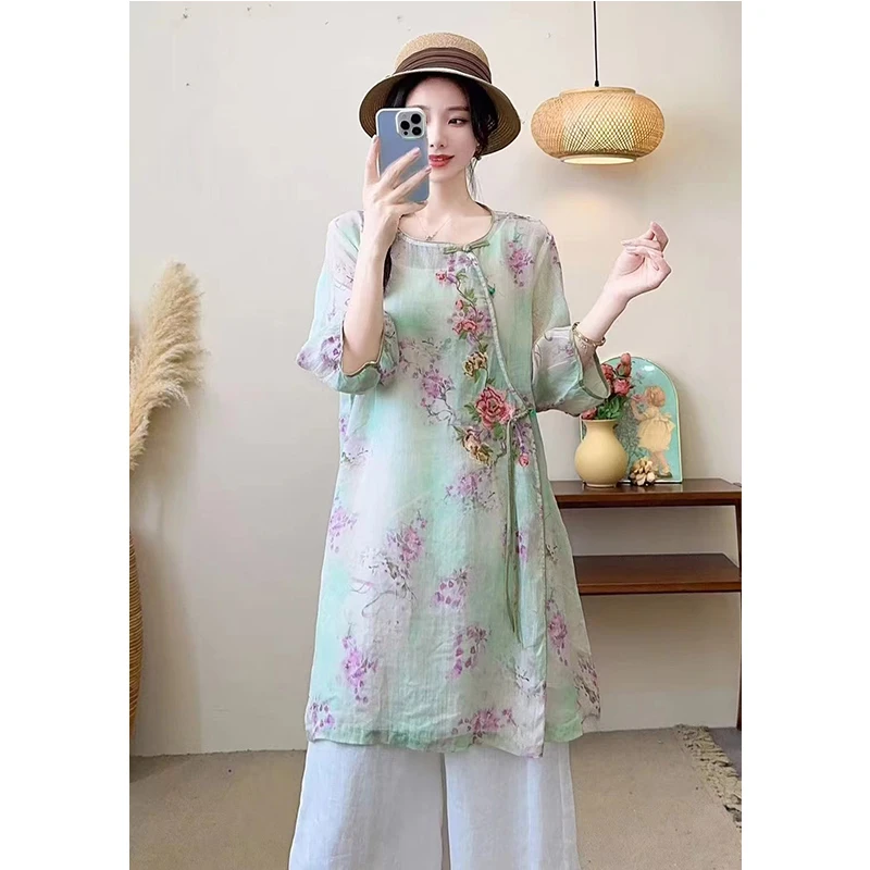 复古苎麻内里包边刺绣印花改良版连衣裙女文艺大码新中式国风中裙