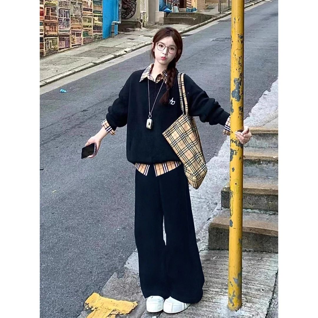 假两件港风休闲运动套装女秋冬季韩版宽松学院风卫衣阔腿裤两件套