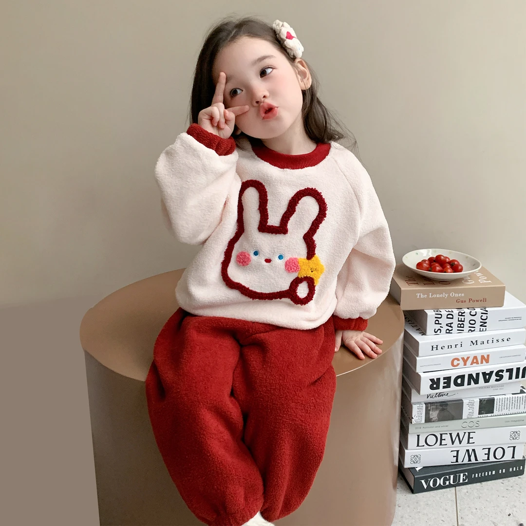女童睡衣秋冬款女卡通风保暖居家Bb类家居服套装加绒休闲长袖童装