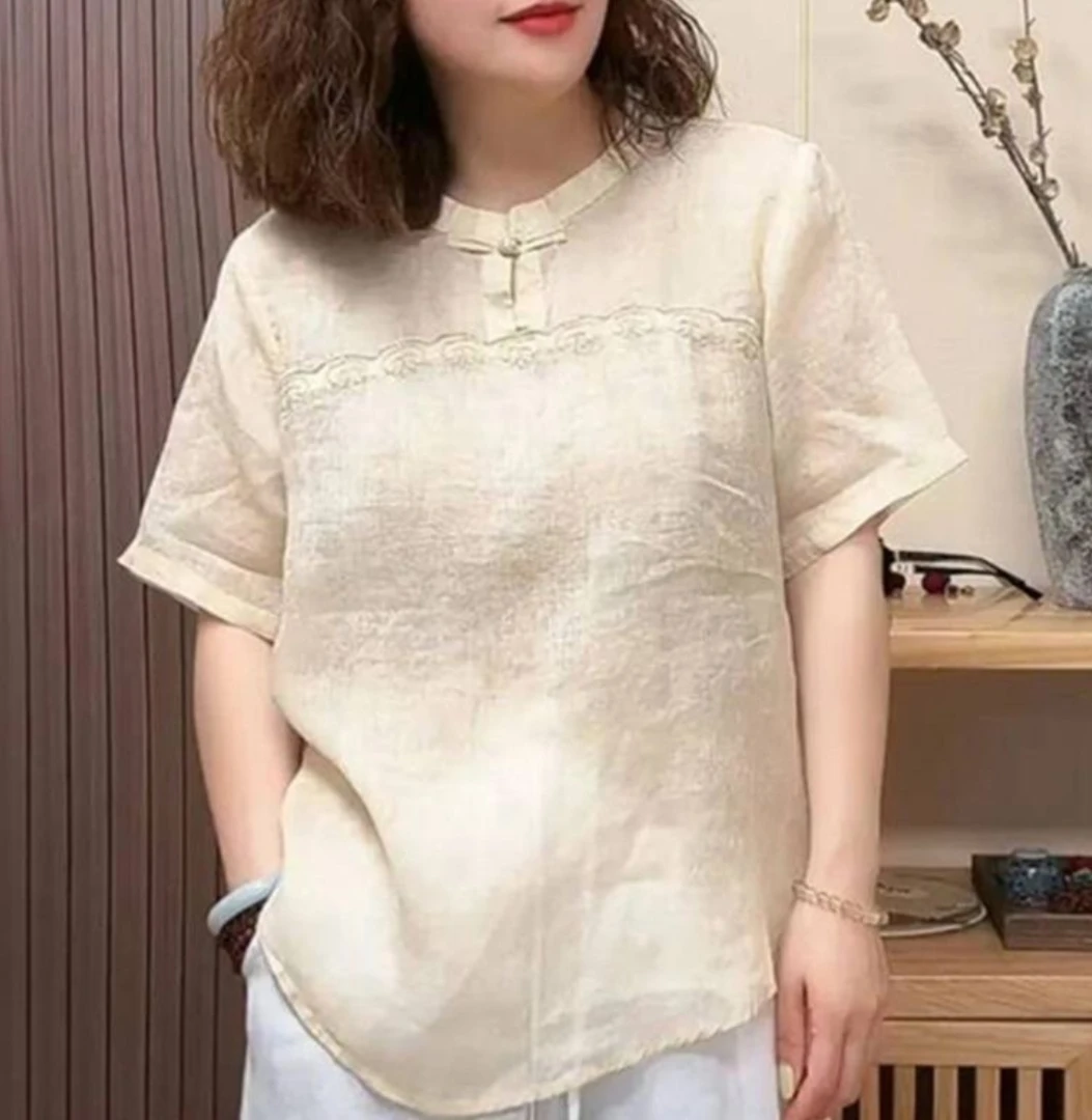 2025夏季新款提花立领衬衫女新中式时尚复古文艺国风衬衣上衣