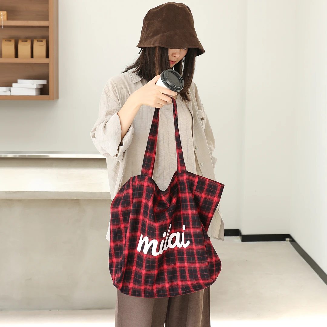 韩系休闲格子托特包女质感帆布字母手提购物袋慵懒风单肩腋下大包