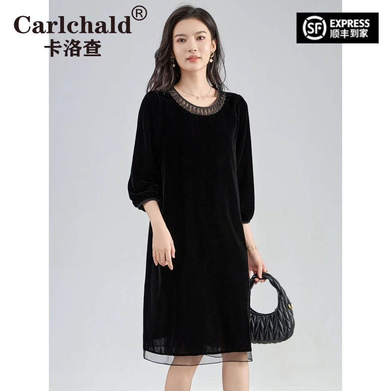 卡洛查（CARLCHALD）气质复古黑色优雅四方立绒连衣裙女拼接瘦
