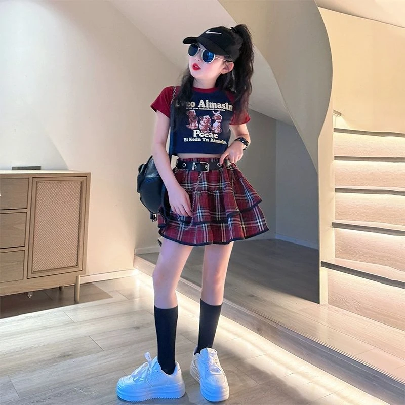 女童潮酷炸街套装裙夏季洋气中大童女孩时髦短袖T恤蛋糕裙两件套