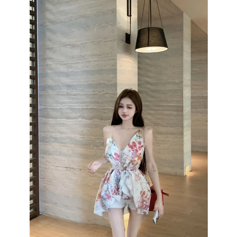法式气质别致绝美纯欲深V印花吊带花苞鱼骨胸衣不规则设计上衣女