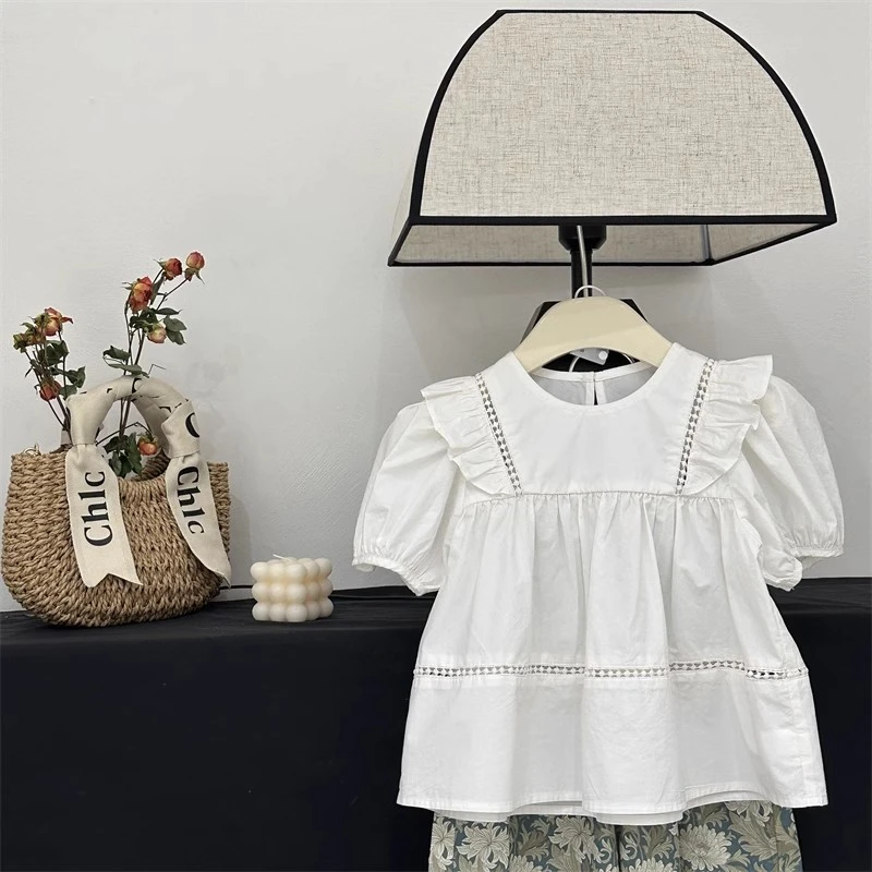 【现货】女童夏季泡泡袖衬衫女孩简约娃娃衫儿童上衣短袖 DY053