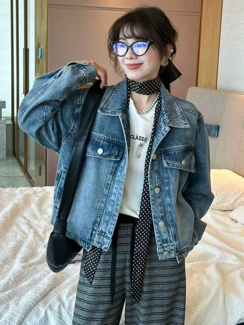 超好看2025早春新款复古做旧翻领牛仔外套女欧货女装短款牛仔衣潮