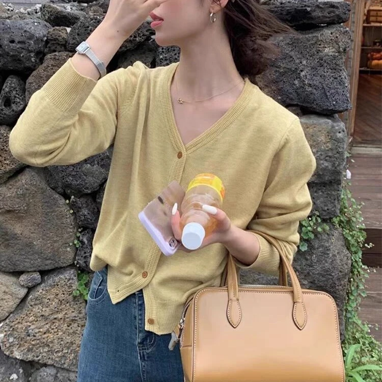 V领长袖针织开衫显瘦韩系时尚百搭宽松外搭薄款洋气短款外套上衣
