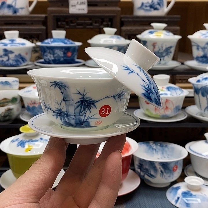 手绘微瑕竹子盖碗